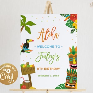 May include: A welcome sign for a luau themed birthday party. The sign is white with green, yellow, blue, orange, and red accents. It says "Aloha - Welcome to Finley's 8th Birthday December 5, 20XX".