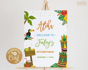 May include: A welcome sign for a luau themed birthday party. The sign is white with green, yellow, blue, orange, and red accents. It says "Aloha - Welcome to Finley's 8th Birthday December 5, 20XX".
