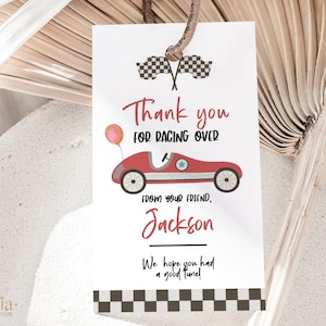 Bedankt voor uw komst Gift Tag, bewerkbare rode raceauto eerste verjaardag, afdrukbare Boy Racing Car Party Favor, Kids Track Label sjabloon, KP139
