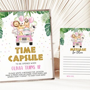 Modelo de cápsula do tempo, cápsula do tempo selvagem de um aniversário, animais de safari, animais da selva, decoração de primeiro aniversário, cartão e placa da cápsula do tempo, KP084