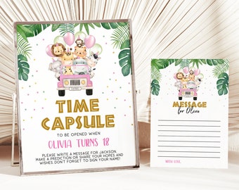 Könnte beinhalten: Ein rosafarbenes und grünes Zeitkapsel-Schild mit Dschungeltier-Motiv. Das Schild lautet "Time Capsule" und "To be opened when Olivia turns 18". Es gibt einen rosafarbenen Jeep mit Dschungeltieren, die darin fahren. Das Schild enthält auch Anweisungen zum Schreiben einer Nachricht für Olivia.