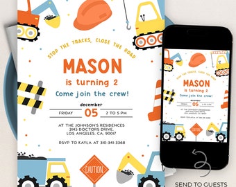 Construction Birthday Invitation, EDITABLE Dump Trucks Party Invitation Template, Boys Birthday Invite, Excavator, Instant Download, KP108