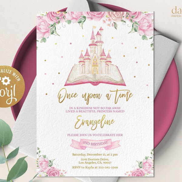 Fairytale Castle Birthday Invitation, EDITABLE Royal Princess Party Invite Template, Once Upon A Time, Storybook, Instant Download, KP165