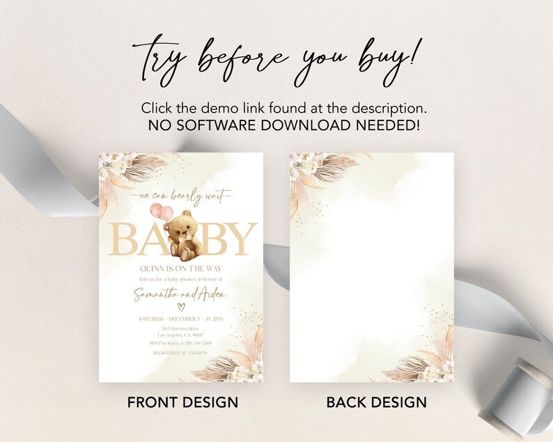 Puede incluir: Una invitaci&oacute;n de baby shower con fondo beige y blanco. La invitaci&oacute;n presenta un osito de peluche sosteniendo globos y el texto "We can bearly wait" y "Baby". Tambi&eacute;n se incluye el texto "Quinn is on the way", junto con los nombres "Samantha y Arden".