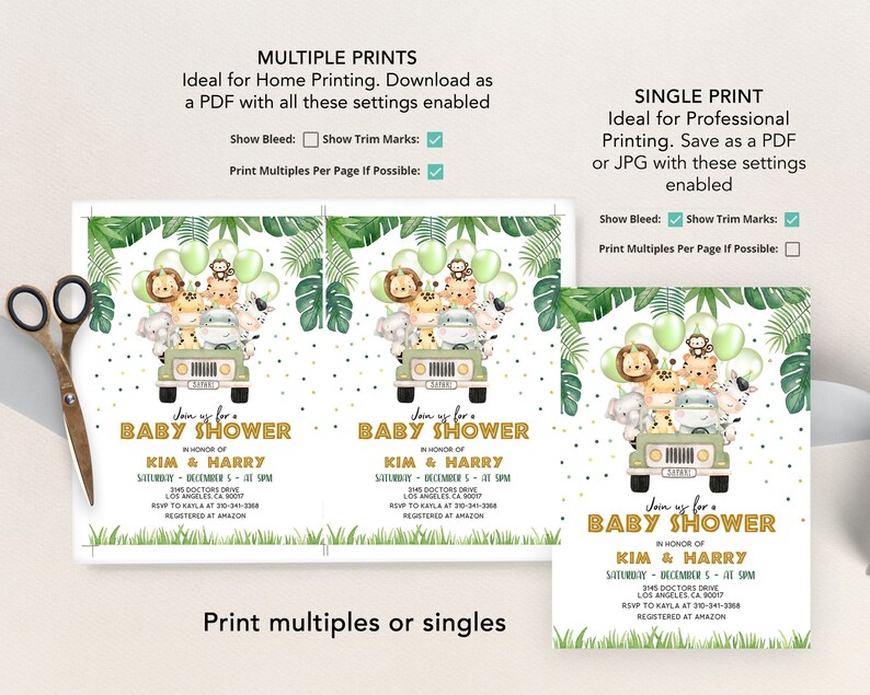 Pu&ograve; includere: Un invito a una festa di baby shower verde e dorato con tema giungla. L'invito presenta una jeep dei cartoni animati con animali, tra cui un leone, una scimmia, un elefante e una giraffa. Il testo sull'invito recita "Unisciti a noi per una Baby Shower in onore di Kim & Harry".