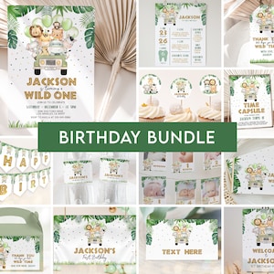 Wild One First Birthday Party Bundle, EDITABLE Safari Animals Party Invite, Jungle Animals 1st Birthday Party Decor, Instant Download, KP084