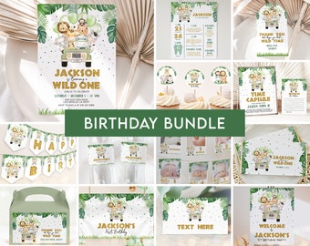 May include: A green and gold jungle-themed birthday party printable bundle for a boy's first birthday. The bundle includes a variety of items such as invitations, banners, cupcake toppers, and favour tags. The theme features a safari jeep with animals like a lion, giraffe, and zebra.