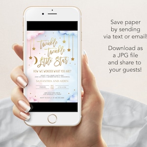 May include: A gender reveal party invitation with a blue and pink watercolor background. The invitation features gold stars, a crescent moon, and the text "Twinkle Twinkle Little Star." The text "How we wonder what you are?" is also included, along with the date and time of the event.