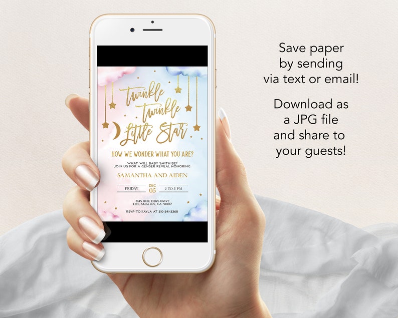 May include: A gender reveal party invitation with a blue and pink watercolor background. The invitation features gold stars, a crescent moon, and the text "Twinkle Twinkle Little Star." The text "How we wonder what you are?" is also included, along with the date and time of the event.