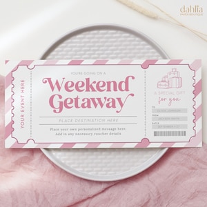 Weekend Getaway Gift Voucher, Editable Weekend Away Coupon Ticket, Birthday Trip Travel Voucher, Printable Trip Away Gift Certificate Pink