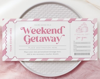 Wochenendausflug Geschenkgutschein, bearbeitbarer Wochenendausflug-Couponticket, Geburtstagsreise-Reisegutschein, druckbarer Reisegeschenkgutschein Pink