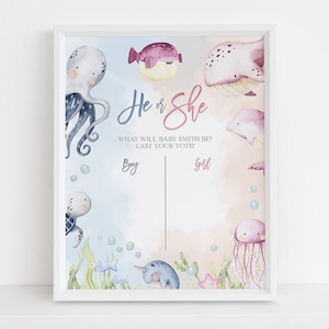 EDYTOWALNY Podmorski Znak Głosowania Ujawnienia Płci, Dekoracja Imprezy Chłopca Lub Dziewczynki, Gry On Lub Ona, Szablon Znaku Na Baby Shower Ocean Nautical, GR023