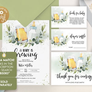 May include: A baby shower invitation with a watercolor illustration of a beer mug and a baby bottle. The invitation is for a baby shower honoring Katie Miller on December 5th from 2 to 5 PM. The invitation includes the address and RSVP information. The invitation also includes a tag that says "It's a match! Links in the description or search "BS083" Sold separately."