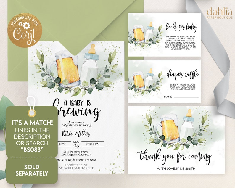 May include: A baby shower invitation with a watercolor illustration of a beer mug and a baby bottle. The invitation is for a baby shower honoring Katie Miller on December 5th from 2 to 5 PM. The invitation includes the address and RSVP information. The invitation also includes a tag that says "It's a match! Links in the description or search "BS083" Sold separately."