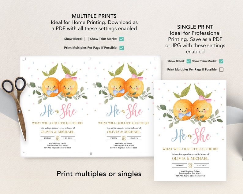 Little Cutie Gender Reveal Invitation, EDITABLE Clementine Party Invite Template, Tropical Orange Baby Shower, He Or She, Boy Or Girl, GR030 image 4