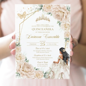 Champagne Cream and Gold Quinceañera Invitation, EDITABLE 15th Birthday Party Invite Template, Beige Mis Quince Anos, Instant Download, Q107