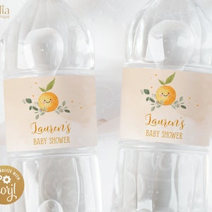 Little Cutie On The Way Baby Shower, Editable Water Bottle Sticker Label, Clementine Baby Shower, Orange Gender Neutral Shower, Corjl BS032
