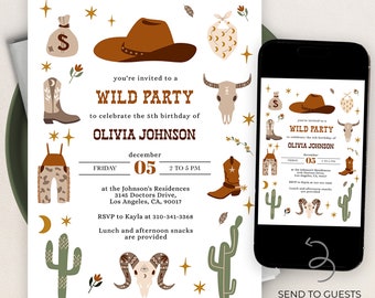 Wild West Modern Birthday Invitation, EDITABLE Cowboy Rodeo Party Invite Template, Western Ranch, Country Birthday, Instant Download KP079