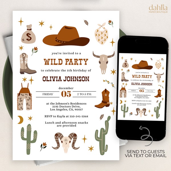 Wild West Modern Birthday Invitation, EDITABLE Cowboy Rodeo Party Invite Template, Western Ranch, Country Birthday, Instant Download KP079