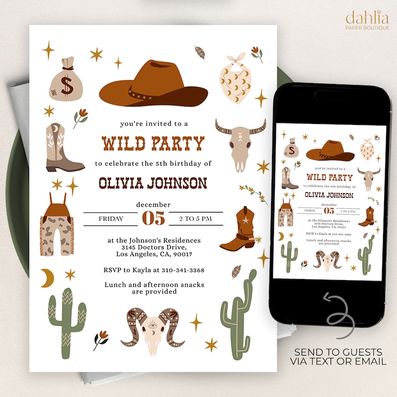 Wild West Modern Birthday Invitation, EDITABLE Cowboy Rodeo Party Invite Template, Western Ranch, Country Birthday, Instant Download KP079 image 1