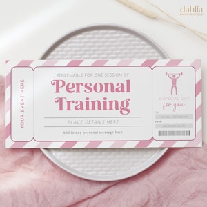 Puede incluir: Un certificado de regalo a rayas rosas y blancas con el texto "REDEEMABLE FOR ONE SESSION OF Personal Training" y "A SPECIAL GIFT for you". El certificado tiene un lugar para escribir el nombre del destinatario, el nombre del donante y un mensaje personal.