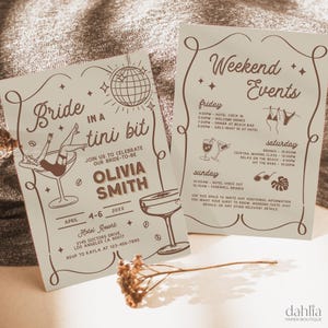 Bride In A Tini Bit Bachelorette Invitation, Editable Retro Beach Weekend Itinerary, Wavy Hand Drawn Bikinis and Martinis Girls Trip, BC037