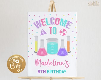 May include: Welcome to Madeline's 8th Birthday party sign with a science theme. The sign features colorful beakers and test tubes with a purple, pink, blue, and yellow color scheme. The sign is decorated with colorful confetti.