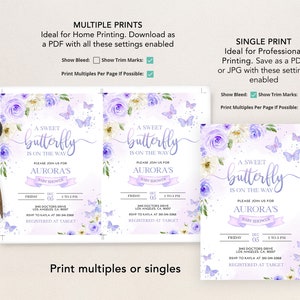 EDITABLE Butterfly Baby Shower Invitation, Magical Garden Invite Template, Floral Lilac Purple and Gold Girl Party Instant Download BS130 image 5