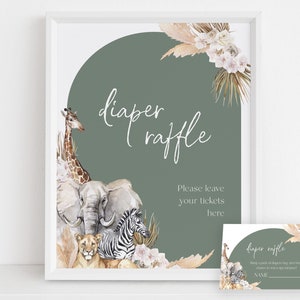 Boho Safari Baby Shower Pañal Raffle Sign & Card, Jungle Animal Baby Sprinkle Party, Banner verde salvia personalizable, Descarga instantánea BS118