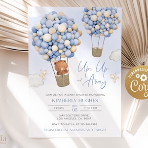 EDITABLE Boho Hot Air Balloon Baby Shower Invitation Template, Bear Boy Baby Shower Invite, Up, Up and Away, Blue, Instant Download, BS119