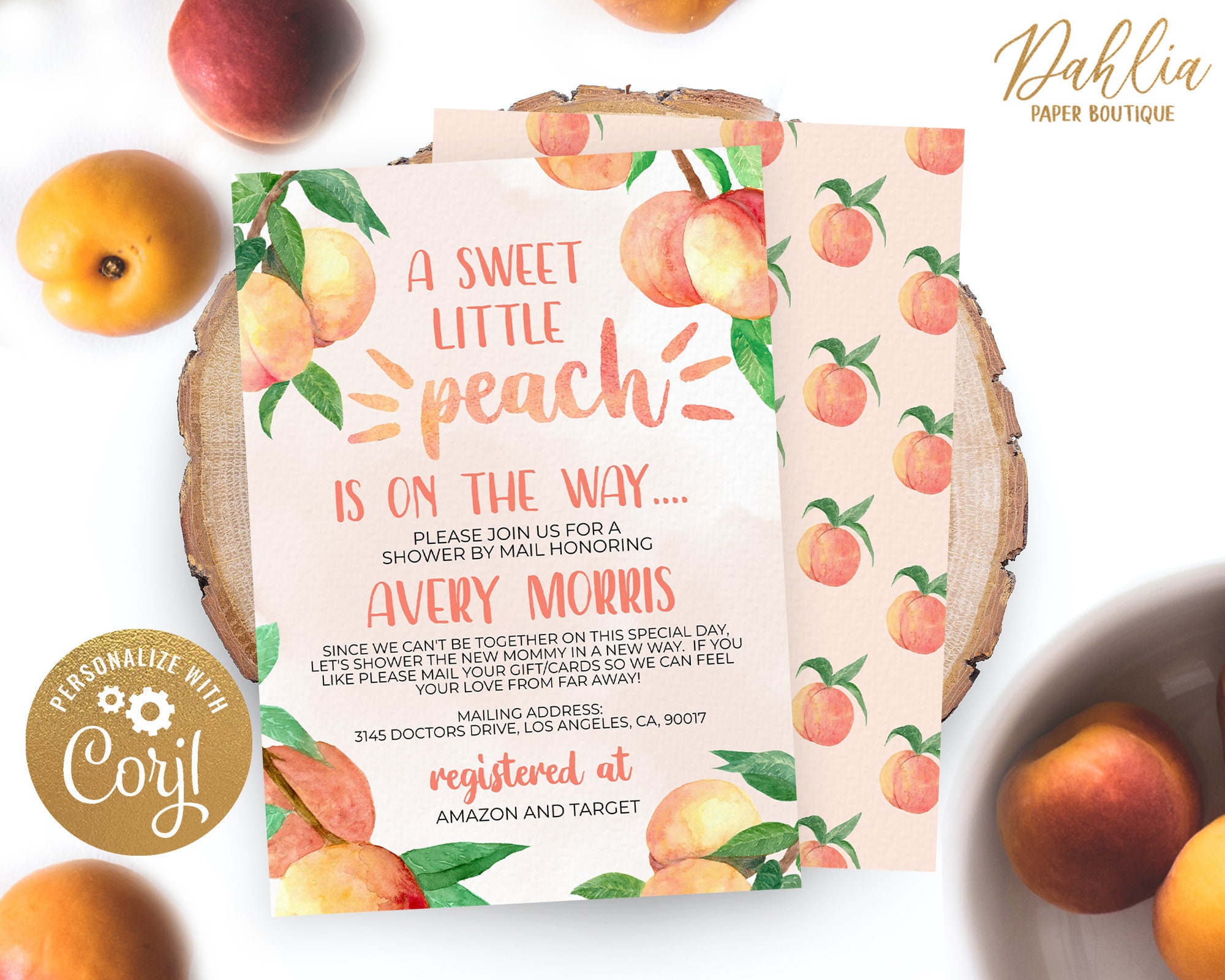 Sweet Little Peach Baby Shower By Mail Invitation Watercolor Etsy