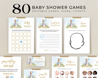 EDITABLE 80 Peter Rabbit Baby Shower Games, Rustic Bunny Game Bundle, Games Set, Spring Garden, Flopsy Bunny, Blue, Instant Download, BS133