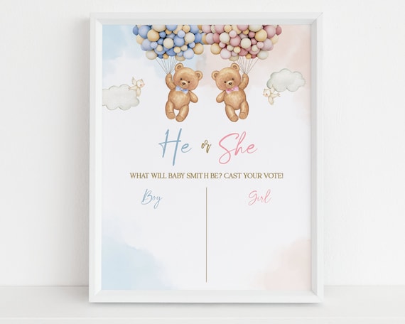 EDITABLE Teddy Bears Gender Reveal Voting Sign, Boy Or Girl Party Decor Template, He Or She Games, Boho Watercolor Bear with Balloons, GR025