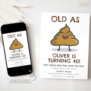 Faire-part d'anniversaire adulte drôle, faire-part d'anniversaire emoji ancien comme caca, modifiable, vous êtes vieux, fête surprise de 40e anniversaire, AP037