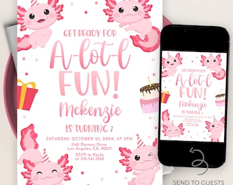 Axolotl Birthday Invitation, EDITABLE Girl Party Invite Template, Magical Sea Life, Under The Sea Party, Pink Fish, Instant Download, KP212