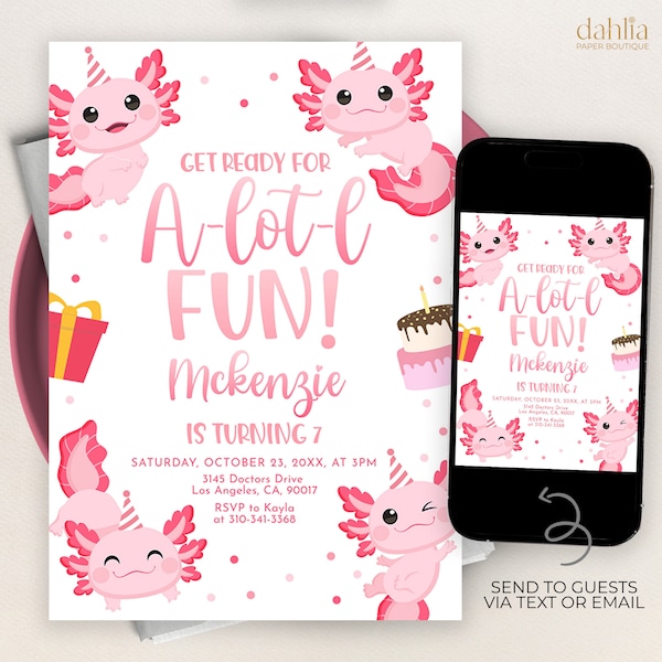 Axolotl Birthday Invitation, EDITABLE Girl Party Invite Template, Magical Sea Life, Under The Sea Party, Pink Fish, Instant Download, KP212