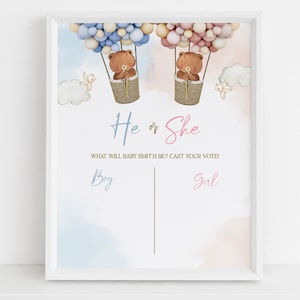 Teddy Bears Gender Reveal Voting Sign, Hot Air Balloon Guess The Gender Template, He Or She Games, Boy Or Girl, Boho Watercolor Bear, GR007