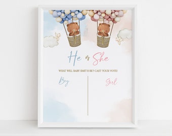 Teddy Bears Gender Reveal Voting Sign, Hot Air Balloon Guess The Gender Template, He Or She Games, Boy Or Girl, Boho Watercolor Bear, GR007
