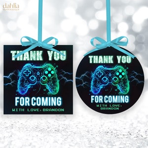 Gaming Thank You Gift Tag, EDITABLE Video Game Birthday Label, Kid Gamer Round Party Favor, Arcade Party Square Tag, Game Over, Blue, KP214