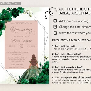 Puede incluir: Una plantilla de invitaci&oacute;n de Quincea&ntilde;era con fondo rosa y borde floral verde. El texto dice "Quincea&ntilde;era" y "Maria Isabella". La invitaci&oacute;n incluye la fecha, la hora y el lugar del evento. La plantilla es personalizable con texto y gr&aacute;ficos editables.