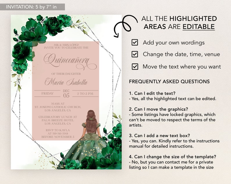 Puede incluir: Una plantilla de invitaci&oacute;n de Quincea&ntilde;era con fondo rosa y borde floral verde. El texto dice "Quincea&ntilde;era" y "Maria Isabella". La invitaci&oacute;n incluye la fecha, la hora y el lugar del evento. La plantilla es personalizable con texto y gr&aacute;ficos editables.