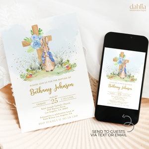 Invito al battesimo di Peter Rabbit blu, invito modificabile per il giorno dell'assegnazione del nome al coniglietto, invito personalizzato al battesimo, padrini, download istantaneo, BP011