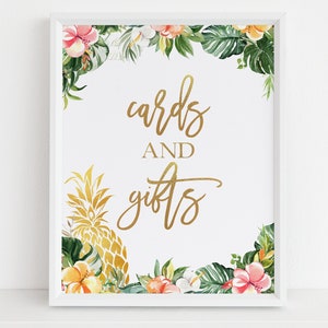 Placa de mesa para cartões e presentes, decoração de festa de abacaxi havaiano EDITÁVEL, aniversário de luau de verão tropical, mesa infantil Aloha, download instantâneo KP104