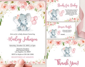 May include: A baby shower invitation with a pink and white floral design. The invitation features a cute cartoon elephant holding pink balloons. The text on the invitation reads "Join us for a baby shower honoring Hailey Johnson. Saturday, October 23, 20XX, at 3pm. Wisteria Gardens, 3145 Doctors Drive, Los Angeles, CA, 90017. RSVP to Kayla at 310-341-3368. REGISTERED AT AMAZON."