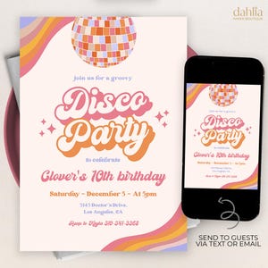 Disco Party Geburtstagseinladung, bearbeitbare Retro Groovy Party einladen, Boho Hippie, Disco Ball, 70er Jahre Disco Dance Party, Instant Download KP125