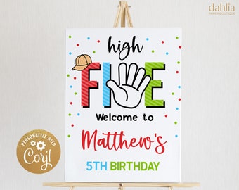 High Five Birthday Welcome Sign, Editable Hi Five Party Decor Template, Boy 5th Birthday, Printable Hi 5 Kid Banner, Instant Download, KP131