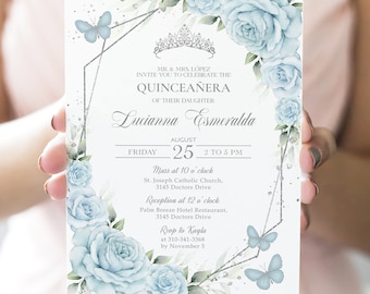 Baby Blue and Silver Quinceañera Invitation, EDITABLE 15th Birthday Party Invite Template, DIY Pastel Mis Quince Anos, Instant Download Q093