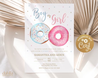 EDITABLE Donut Gender Reveal Invitation, Baby Boy Or Girl Party Invite Template, He Or She, Watercolor Dessert Party, Baby Brunch Game GR029