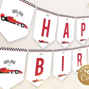 EDITABLE Racing Happy Birthday Banner, Racecar Birthday Banner, Red Racing Car Party Decorations, Fast One, Instant Download, Corjl, KP055