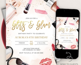 EDITABLE Glitz and Glam Party Invitation, Spa Birthday Party Invite, Makeup Invite Template, Blush Pink and Gold, Instant Download, KP063